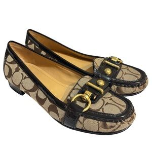 Coach flats Elkie signature canvas leather trim tan brown loafer size 7.5